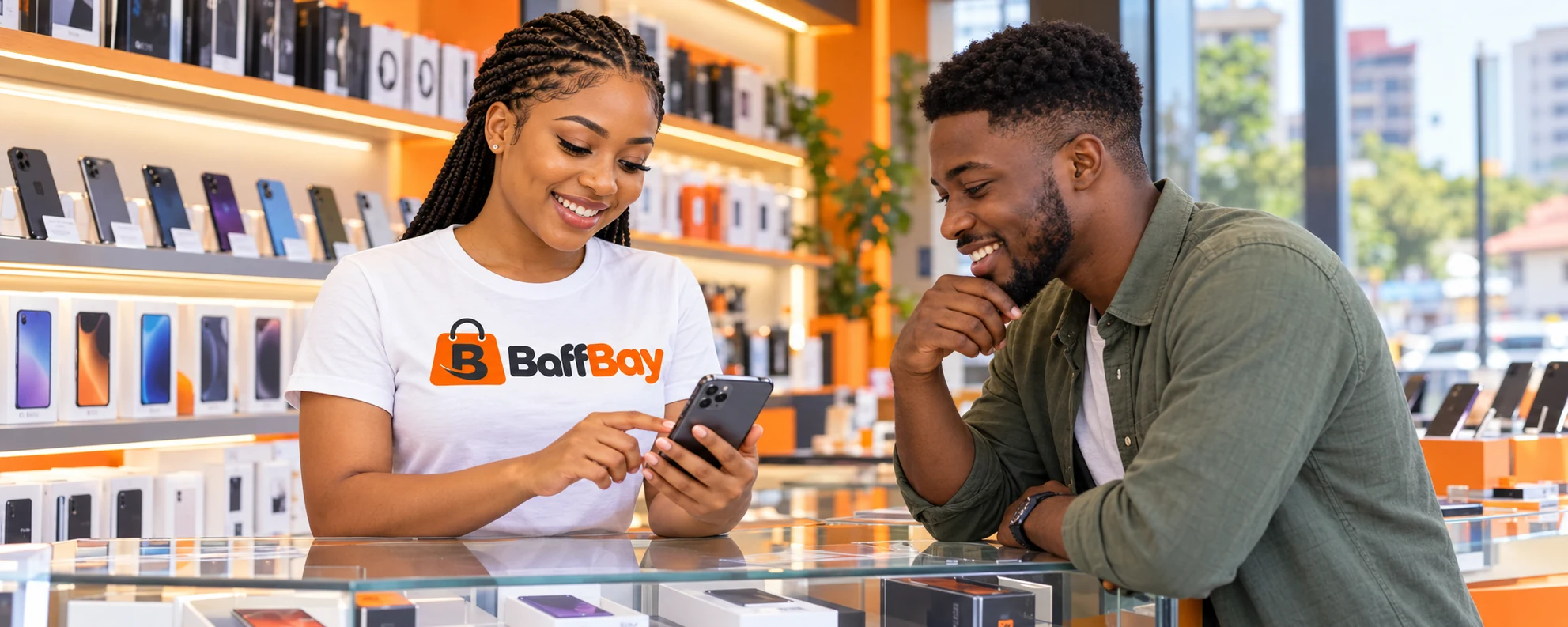 Illustrative Ghanaian phone-shop owner wearing a white BaffBay T-shirt demonstrating a smartphone to a young adult customer